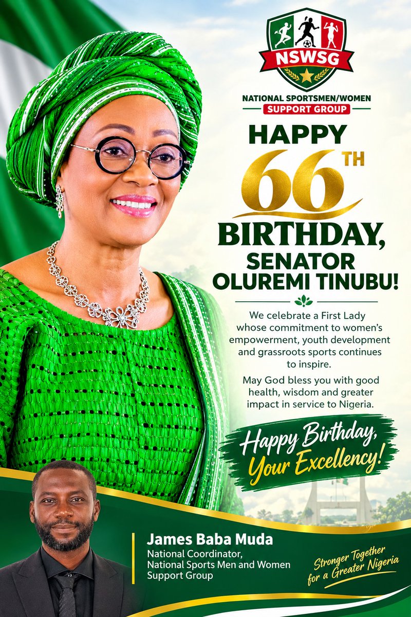 BabamudaJ's tweet photo. National Sports Men and Women Support Group hail our first lady @SenRemiTinubu on her 66th Birthday.
#birthdaypost
#presidency
@officialABAT @fkeyamo @officialSKSM @STinubu @CBMdiaspora @Deen_PR @CityBoyMedia @whitenigerian https://t.co/VzeHs3Izbk
