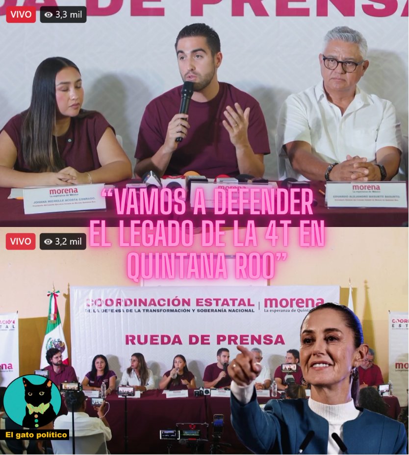 elgatopolitico_'s tweet photo. 🔴​🔴Morena Quintana Roo da el ejemplo, muestra unidad, y anuncia el apoyo total a la presidenta y a la 4T para que el estado vuelva a derrotar al PRIANMC este 2027:

"Vamos a defender los logros de la 4T en Quintana Roo, tanto del expresidente López Obrador, como el que está construyendo nuestra presidenta Claudia Sheinbaum", dijo Gino Segura, Coordinador de Defensa de la Transformación y la Soberanía Nacional en QR.