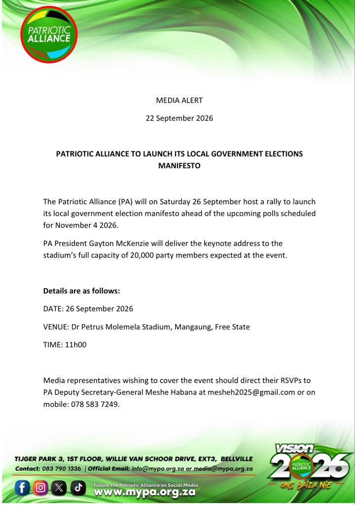 OnsBaizaNie's tweet photo. π’ MEDIA ADVISORY
The Patriotic Alliance launches its Local Government Election Manifesto this Saturday.
π Dr Petrus Molemela Stadium, Mangaung
π
26 September | β° 11:00
PA President @GaytonMcK will deliver the keynote address.
#OnsBaizaNie #MaakToe #Vision2026 https://t.co/UKcyBgy9mI