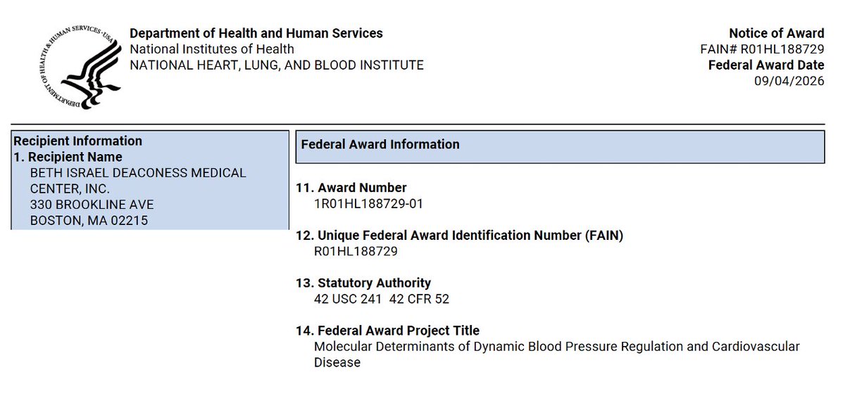UTahirMD's tweet photo. Excited to share that our lab has been awarded an R01 from the @NIH to investigate the molecular determinants of dynamic BP response to stressors. Incredibly grateful for the mentorship and support I have received @BidmcCvi , as well as for our collaborators across #TOPMed (1/2) https://t.co/mupMlEsCsq
