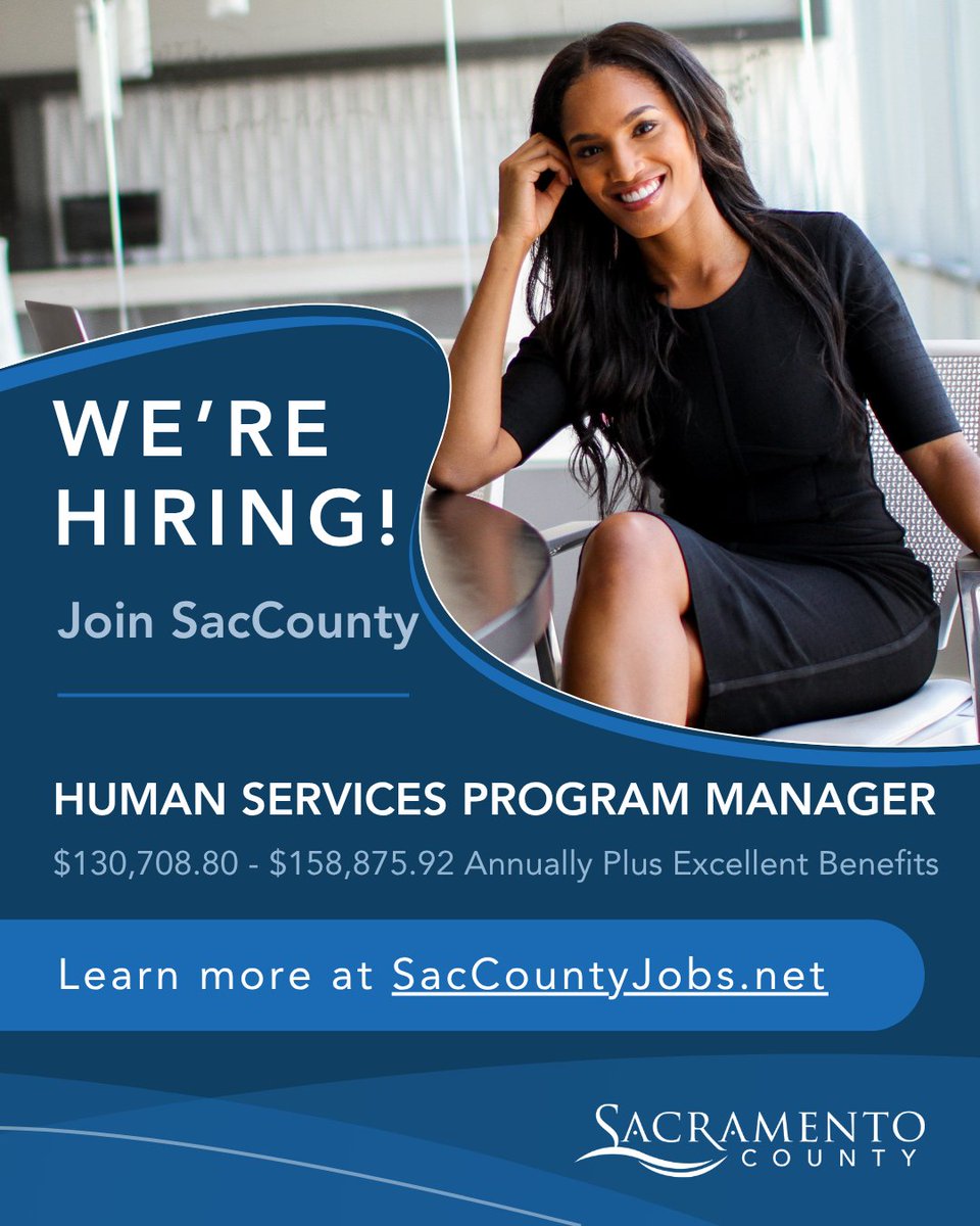 SacCountyCA's tweet photo. Sacramento County has an exciting opportunity and is accepting applications for Human Services Program Manager. The salary range for this position is $130,708.80 - $158,875.52 annually plus excellent benefits.

Apply online at: https://t.co/g27FCkza8i https://t.co/ygm3TlGeus