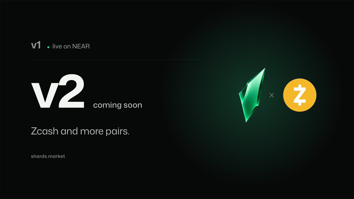 shardsmarket's tweet photo. Shards Market v1 is live on @NEARProtocol 

Launch tokens paired with $NEAR.

Customise taxes as you like. Routed 4 ways: creator, dividends, buyback and burn, and liquidity.

Exciting part is that v2 is NEAR.

Launch and trade against $ZEC, and other assets. Same curve, same locked liquidity with your choice of quote asset.
Soon on https://t.co/RVoo7EI7NF