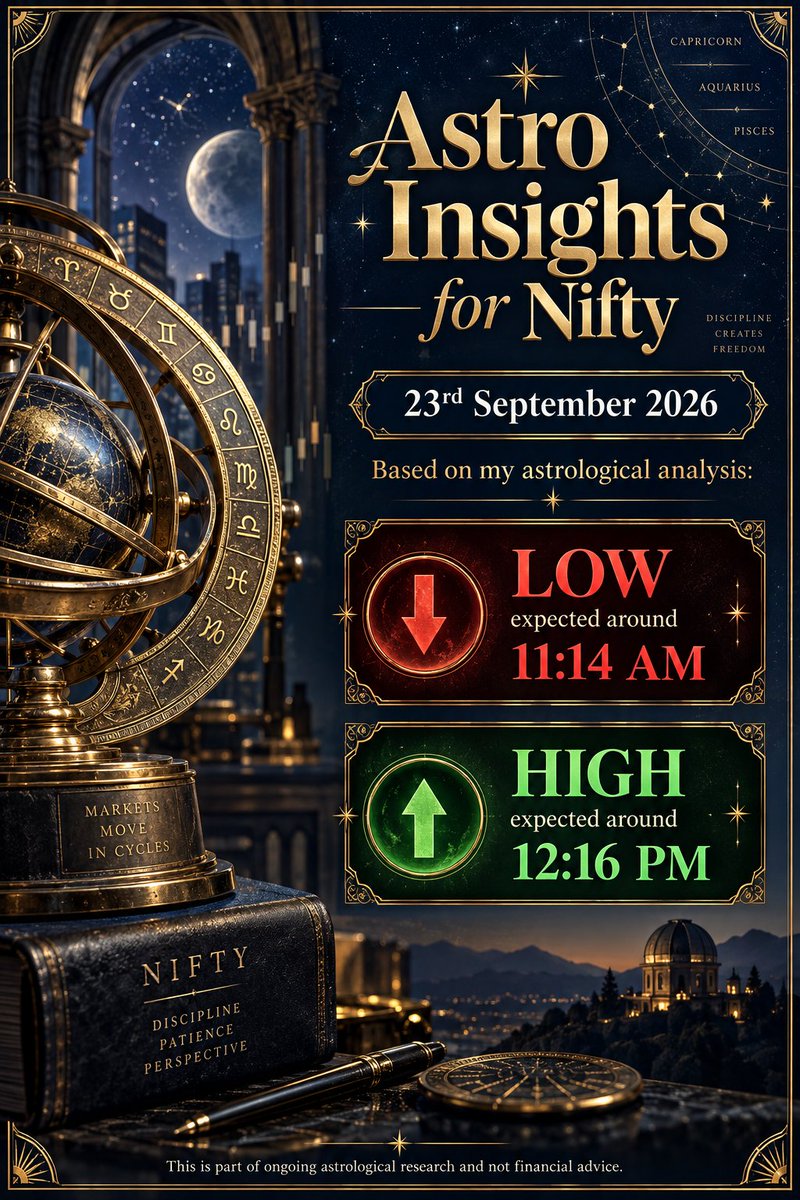 NiftyOracleAS's tweet photo. Astro Insights for #Nifty - 23rd September 2026
Disclaimer: This is not financial advice. Please consult a SEBI-registered advisor before making any trading decisions.
#Nifty50 #VedicAstrology #Astrology #NiftyOptions #Trading #NSE #BSE #StockMarket #FinAstro https://t.co/iptwWUk7cd