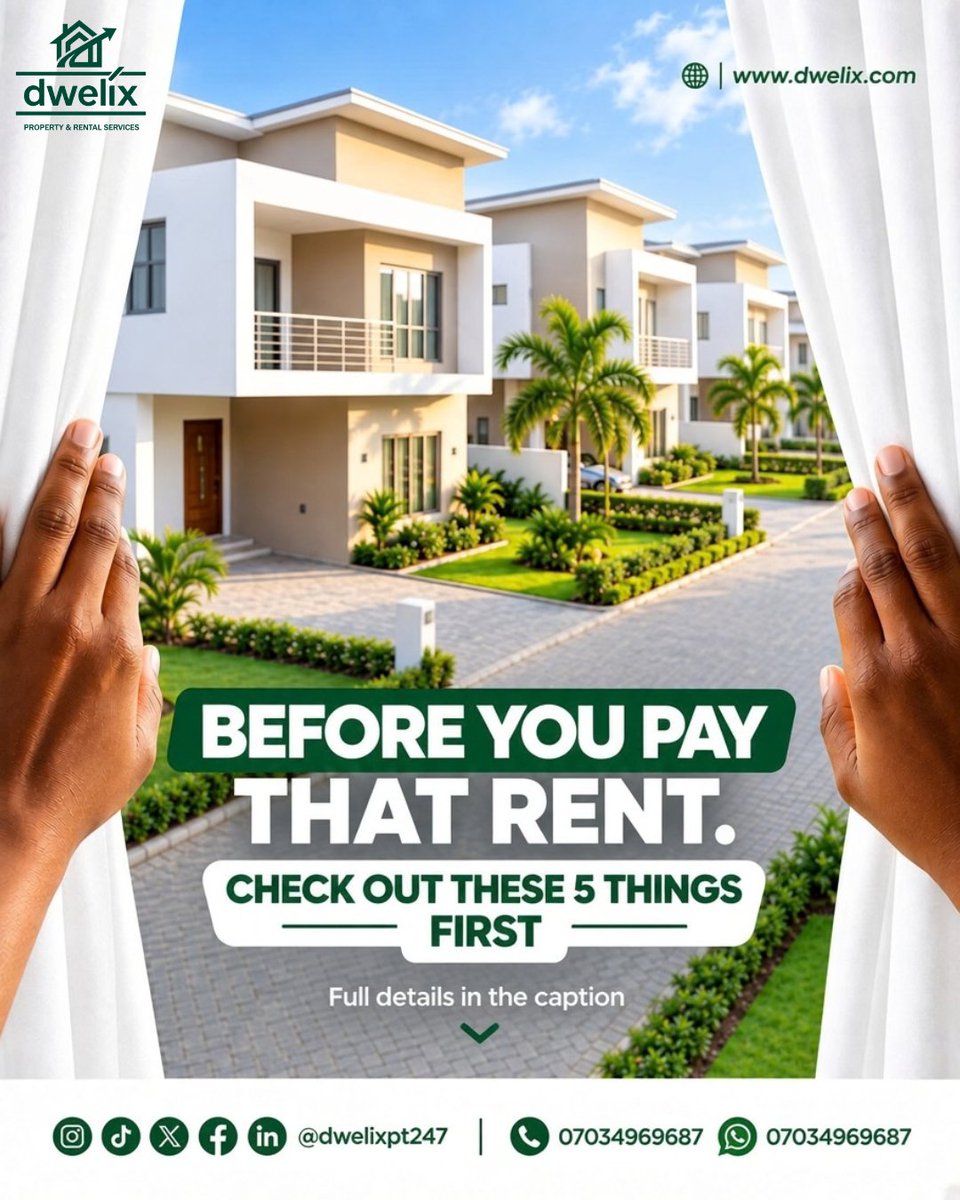 Dwelixpt247's tweet photo. Before you pay that rent, check these 5 things!
1️⃣ Verify the property
2️⃣ Inspect it yourself
3️⃣ Confirm who owns/manages it
4️⃣ Know the TOTAL cost
5️⃣ Check the neighbourhood
Don’t rely on pictures alone.
Verify first. Pay later.
#Dwelix #AbujaRentals #RentingTips https://t.co/t0eOMo7d1P