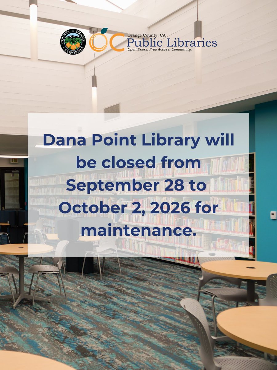 ocpublib's tweet photo. The Dana Point Library will be closed from September 28 to October 2, 2026 for maintenance.

For a list of nearby locations, visit https://t.co/3H9Fb18OAv https://t.co/ahyF0eZApO