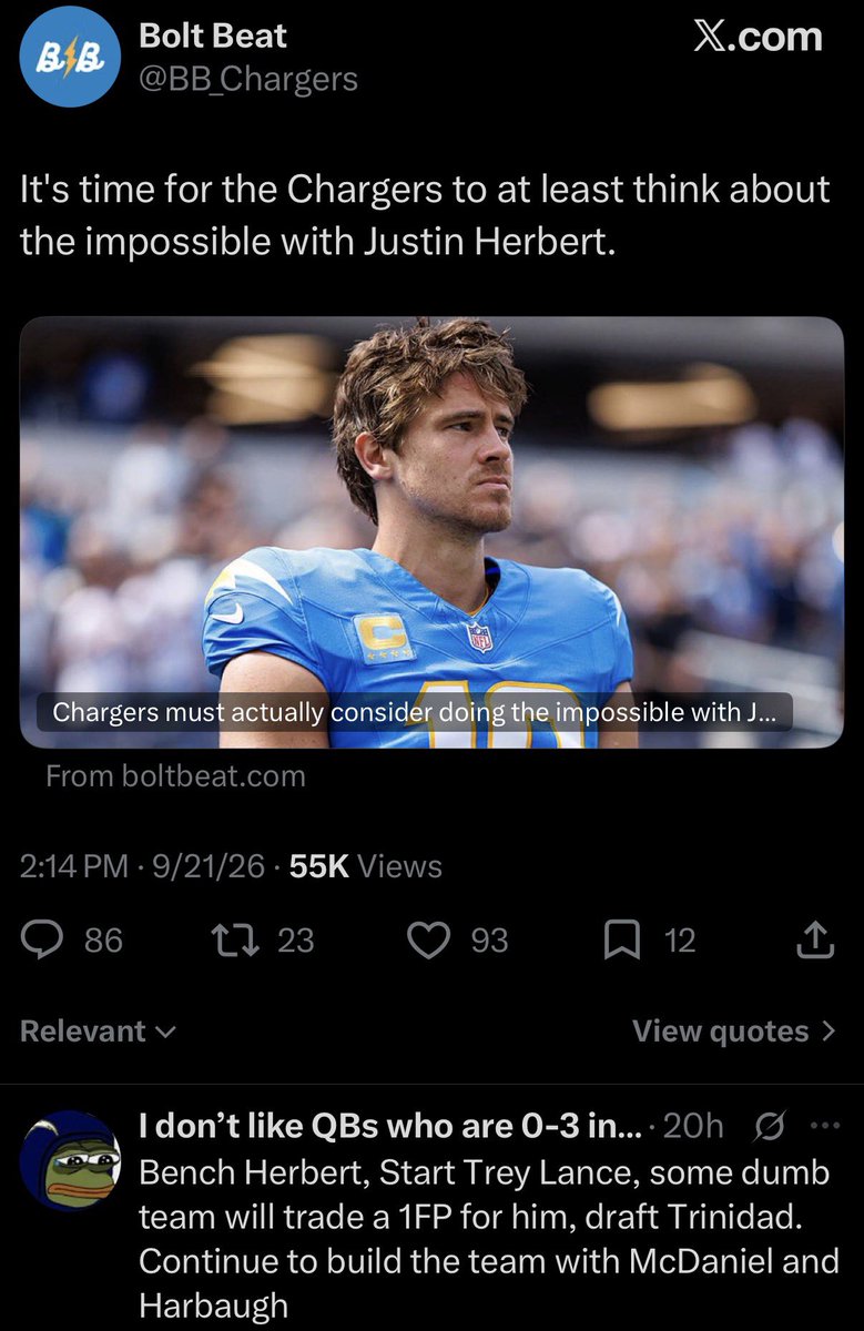 RonStewart_'s tweet photo. In my lifetime the best Jets QB ive seen was Chad Pennington. I’d donate a testicle for Herbert.

You people are out of your minds. Its been 2 weeks. Your best case is Herbert retires a Charger and stumble into a competent HC/GM combo (the real issue fyi) https://t.co/tnVvUWQsKv
