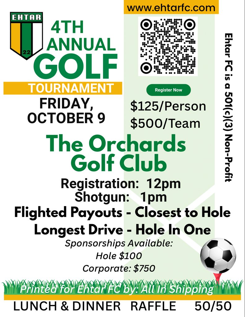 EhtarFC's tweet photo. 4th Annual Golf Tournament.
There are some still spots available.
Take a half day on Friday and come support your local non-profit soccer team, it's always a great time!
#halfdayFridays #longweekend
#Supportlocalsoccer https://t.co/dM4PDaGCvo