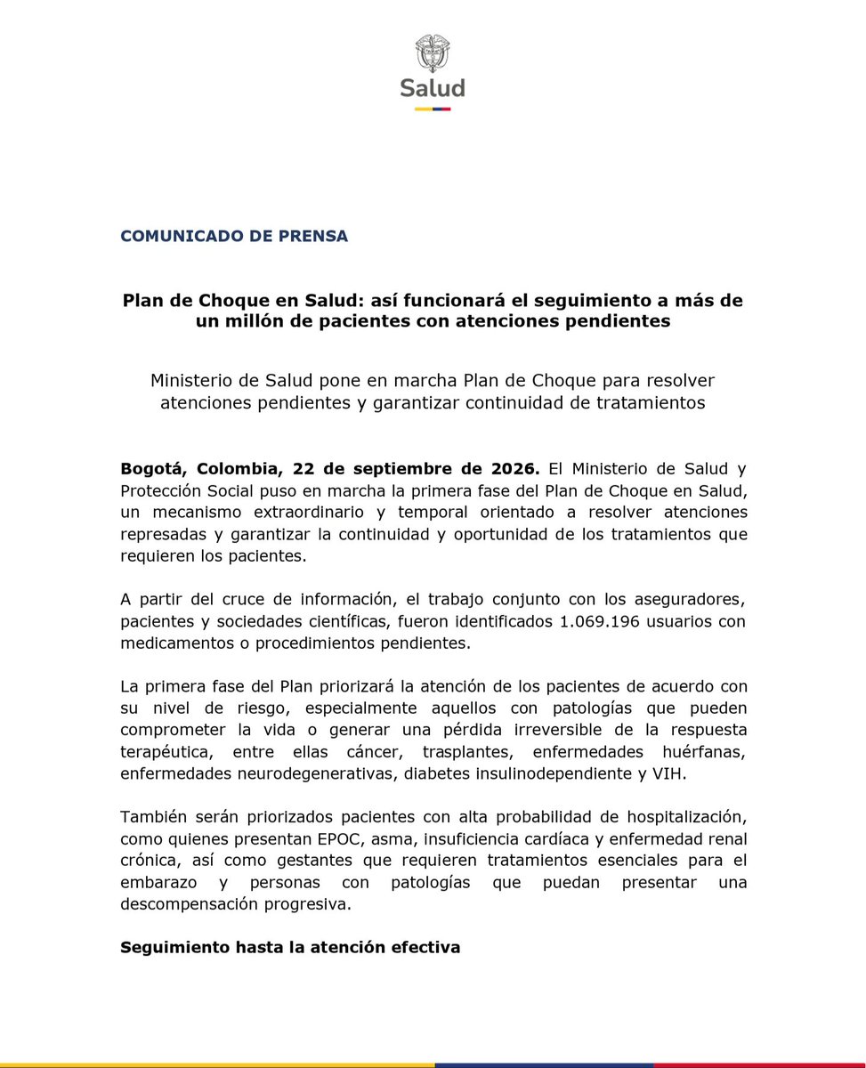 MinSaludCol's tweet photo. Más de un millón de pacientes. Una prioridad: que reciban la atención que necesitan. 🏥

El Ministerio de Salud puso en marcha la primera fase del Plan de Choque en Salud para hacer seguimiento a medicamentos y procedimientos pendientes, priorizará la atención de los pacientes de acuerdo con su nivel de riesgo.

💊 Medicamentos entregados.
🏥 Procedimientos realizados.
🔎 Seguimiento hasta verificar la atención.

Con el paciente en el centro y resultados verificables, avanzamos construyendo la #PatriaMilagro. 🇨🇴

📲 Conoce todos los detalles del Plan de Choque en Salud.