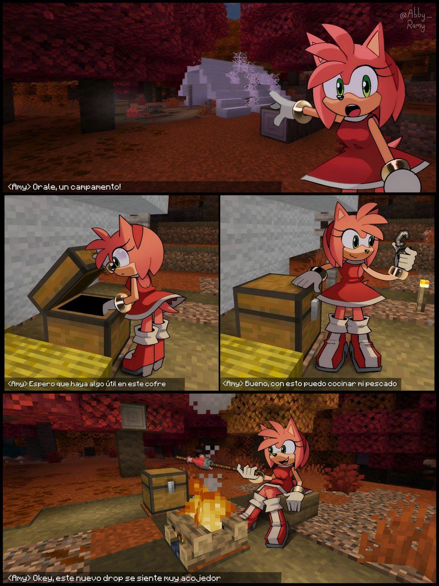 Abby_Ramy's tweet photo. Okay, this mini comic takes place after Amy was fishing in Dappled Forest and night fell. I also made a few minor tweaks to it. 🦔🍂

English // Spanish
#AmyRose #Minecraft https://t.co/DazDPbQ513