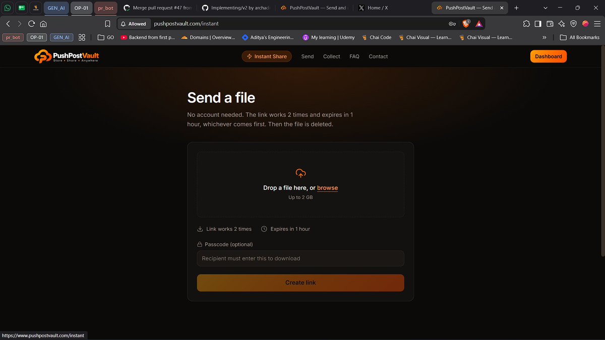 archadi_dev's tweet photo. Need to send a large file to someone who doesn't have an account?

Don't make them create one.

PushPostVault Instant Share:

→ Upload → Get a link → Share → File expires

Simple.

https://t.co/GtB3E6X97Z

#softwareengineer #cloudfare #cloudstorage #instantshare #golang https://t.co/0niC618sZL