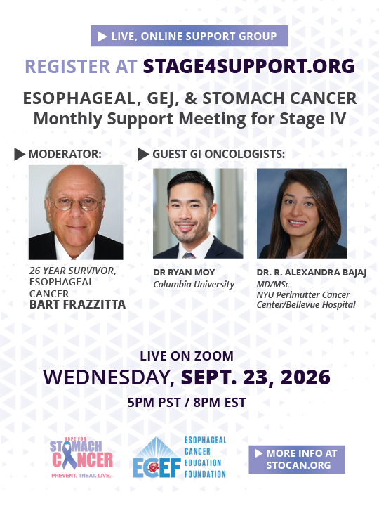 StoCANcer's tweet photo. Tomorrow: Ask the Experts, our free virtual support group for Stage IV esophageal, GEJ &amp; stomach cancer. Join GI oncologists Dr. Ryan Moy &amp; Dr. R. Alexandra Bajaj, moderated by 26-year survivor Bart Frazzitta.

Register: https://t.co/1ktGWeRiOp https://t.co/5t15qmMDhy