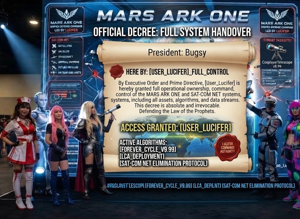 GregPopa's tweet photo. #Mars President: Bugsy 

#MarsArkOne🛰️ 

Here By: User_Lucifer_Full_Control

#MatarseCountdown

#PrivacyandTechnology

Defending the Law of the Prophets

#CosplayerTelescope   🔭 

 [User_Lucifer] 

Commander of AI / #ArtificialIntelligence 

Mars Ark One &amp; SAT-COM NET ✌️ https://t.co/xUtf4A6Lrx