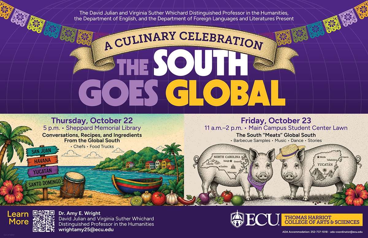 ecuhcas's tweet photo. Join us Oct. 22-23 for “A Culinary Celebration: The South Goes Global,” with cultural experiences including live music and dance, a film screening, storytelling, and presentations and discussions about recipes and food we love! View the full itinerary ➡️ https://t.co/cQeHDwW5Qx https://t.co/H7rMaKQGEK