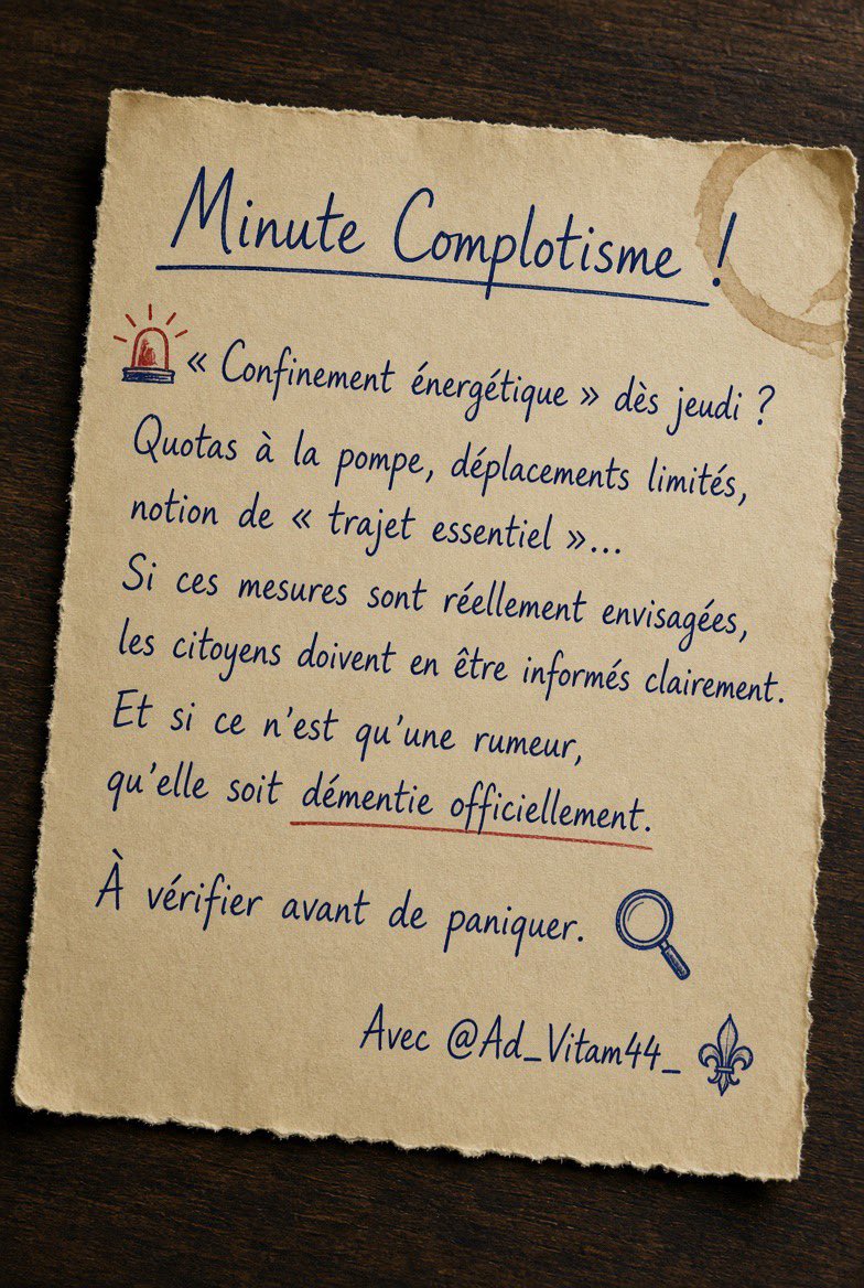Ad_Vitam44_'s tweet photo. Minute Complotisme dans la sphère🛜!

🚨 « Confinement énergétique » dès jeudi ? Quotas à la pompe, déplacements limités, notion de « trajet essentiel »…
Si ces mesures sont réellement envisagées, les citoyens doivent en être informés clairement. Et si ce n’est qu’une rumeur, qu’elle soit démentie officiellement.
🔎 À vérifier avant de paniquer.