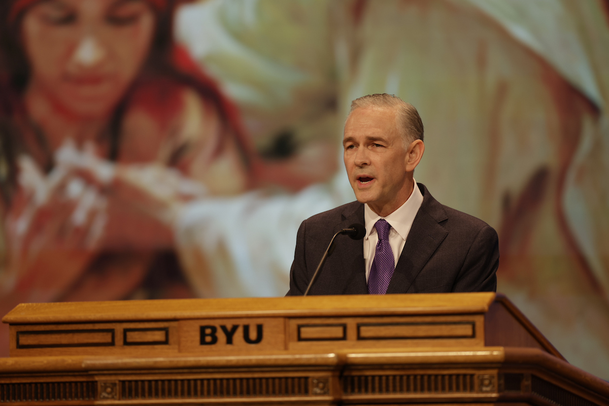 BYU's tweet photo. "Sin, at its most fundamental level, is not mere rule breaking. It is turning away from Christ—and at its worst, rejection, betrayal, disloyalty.
And we all do it, in one way or another.
But keeping the commandments and our covenants is an act of love and loyalty—it’s our invitation for Christ to abide with us."
- Elder Dushku
#BYUDevo