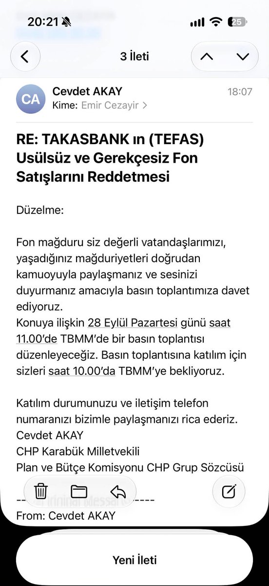 fonunmagdurlari's tweet photo. HAYIRLI UĞURLU OLSUN: EMİR İPTAL KONUSUNU TBMM'YE TAŞIDIK, SESİMİZ MECLİS'TE YANKILANACAK! 🔥

Bugün Emir Cezayir dostumuzun attığı maile TBMM Plan ve Bütçe Komisyonu CHP Grup Sözcüsü & Milletvekili @cevdetakaychp  bizzat resmi yanıt verdi!

Cevabında; konuya ilişkin 28 Eylul Pazartesi günü saat 11.00'de TBMM'de resmi bir basın toplantısı düzenleyeceklerini ve fon mağduru bizleri yaşadığımız mağduriyeti doğrudan kamuoyuyla paylaşmamız için Meclis'e davet ettiklerini belirtti!

Bu gelişme, sitemizden 593 milletvekiline tek tıkla gönderdiğimiz şikayet maillerinin ve kurduğumuz kamuoyu baskısının doğrudan sonucudur. Hakkımızı almanın tek yolu sitemizdeki yönergeleri eksiksiz UYGULAMAKTIR. Bu davet, davamızın ve haklılığımızın resmiyete kavuşması için MÜKEMMEL bir zaferdir.

DİĞER GELİŞMELER: Bunların yanı sıra X sayfamız 2 günden kısa sürede 250k'dan fazla etkileşim aldı, birkaç güne 1 milyon etkileşimi devireceğiz. Sayfada hukuki emsallerden vurgun tablolarına kadar çok sağlam postlarimiz var; bildirimleri açıp RT ve fav ile hit vermeniz elzemdir!

Sadece birkaç günde Fon Mağdurları olarak ülkede inanılmaz bir ses çıkardık ve sonuçlarını almaya başladık. Sesimizi daha da gür çıkaracağız; paramızı ve hakkımızı kuruşu kuruşuna geri alana kadar SUSMAK YOK! Birlikte güçlüyüz! 🦍

🔗 Web sitemiz (Dilekçeler & Başvuru): https://t.co/SFyGimj1WL
🔗 X sayfamız: https://t.co/cRgAt6jcuQ
🔗 Telegram topluluğumuz: https://t.co/jeAq1G5BSN