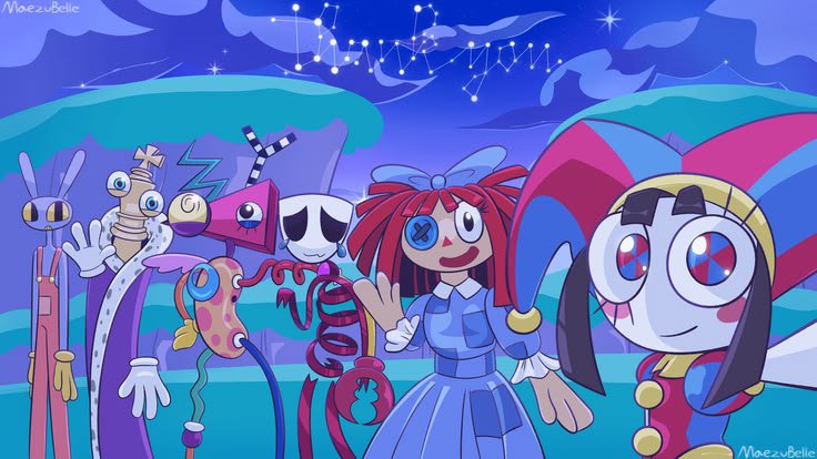 RuneZaZa's tweet photo. Look up at the stars... thank you for being part of the circus! 🎪💙...... 
Artby @MaezuBelle
#TheAmazingDigitalCircusFanArt #Caine #Pomnijax #Funnybunny #TADC https://t.co/v7bDqTxBlV