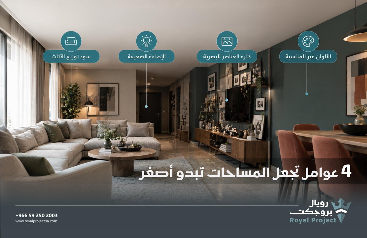 royalproj's tweet photo. سوء توزيع الأثاث، الإضاءة الضعيفة، كثرة العناصر البصرية، واختيار الألوان غير المناسبة.

التصميم الداخلي الناجح يمنح المساحة قيمة ووظيفة وتجربة أفضل.

اكتشف كيف نصمم مساحات أكثر كفاءة في " رويال بروجكت".
https://t.co/1JKH1Qh8qx

#رويال_بروجكت #تصميم_داخلي #هندسة https://t.co/mAzNamVvZo