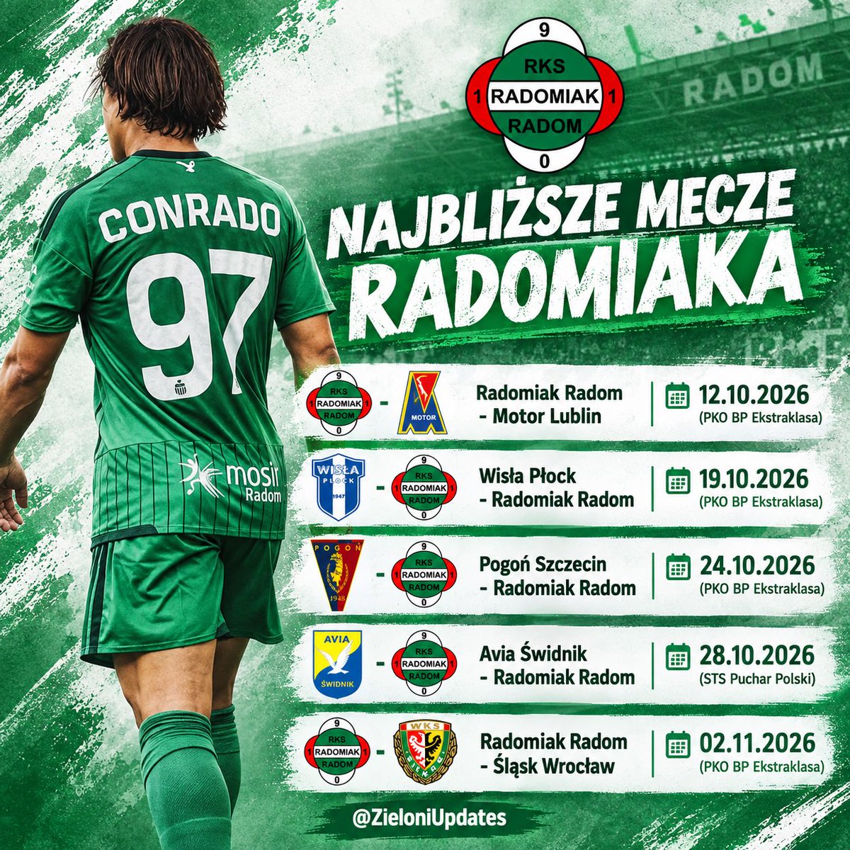ZieloniUpdates's tweet photo. Najbliższe mecze Radomiaka Radom.

#Radomiak #Radom https://t.co/iI3X4snpbs