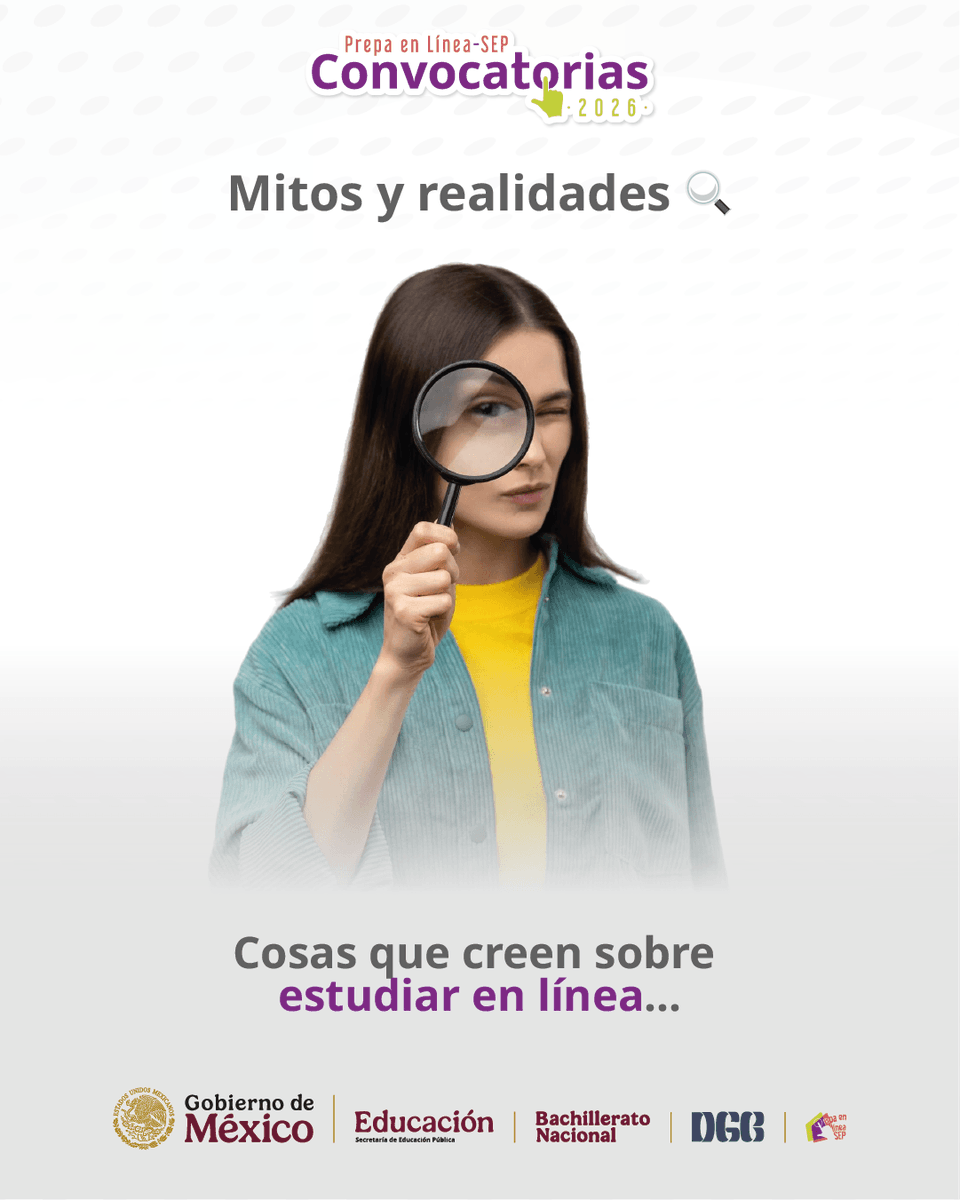 PrepaLineaSEP's tweet photo. 🔍 Aún existen muchos mitos sobre estudiar en línea… pero la realidad puede sorprenderte. 📚

📆 Regístrate del 21 al 30 de septiembre 👉 https://t.co/vawWNZXNTU 
#PrepaEnLíneaSEP #Convocatorias2026PLSEP #MitosyRealidadesPLSEP https://t.co/17I04Rwn7j