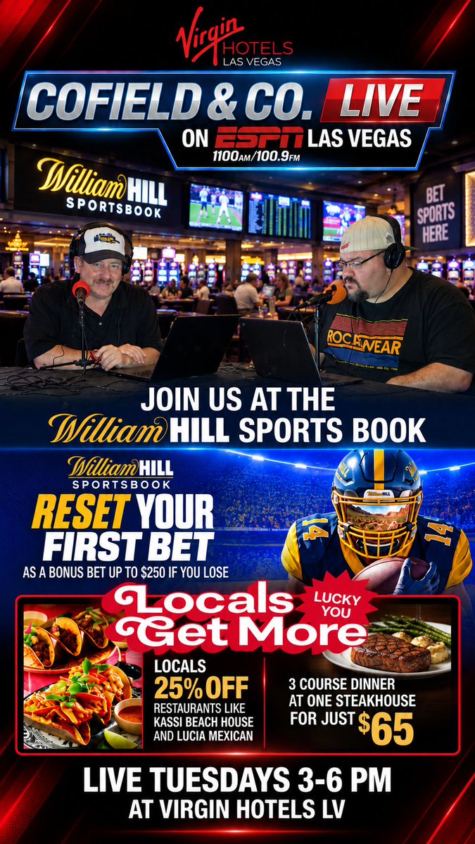 ESPNLasVegas's tweet photo. Check out @cofieldandco live TODAY at the @williamhillus sports book inside @VirginHotelsLV 

@AdamHillLVRJ &amp; @stevecofield will be joined by William Hill oddsmaker @RayKluever + @RNR920AM Raiders report @_brandyflores https://t.co/gI2g0s31Hn