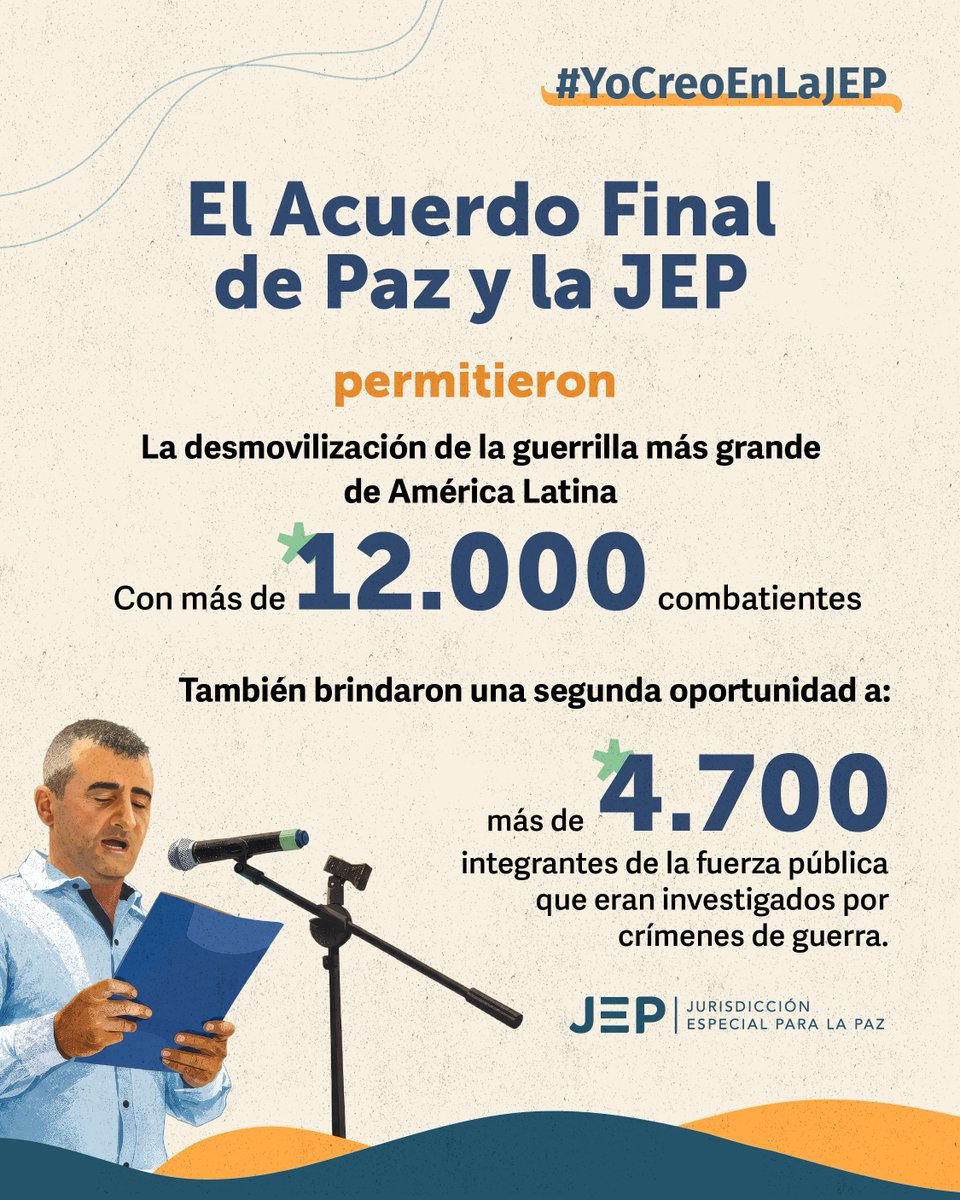 JEP_Colombia's tweet photo. #YoCreoEnLaJEP porque permitió la desmovilización de la guerrilla más grande de América Latina y porque también investigó los crímenes de integrantes del a fuerza pública que estaban llamados a proteger a la población. https://t.co/qShvoWStJF