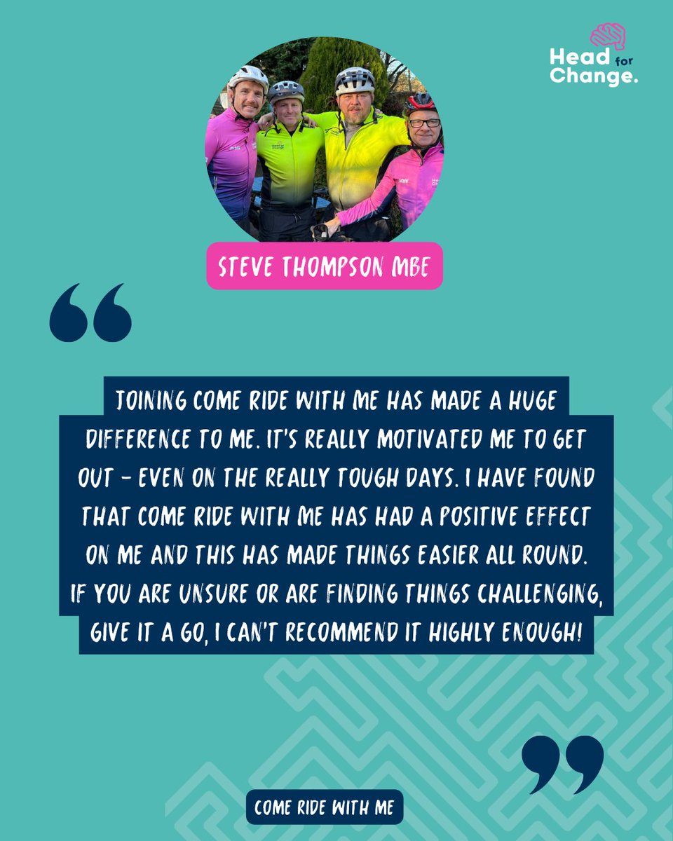 Head4Change's tweet photo. Come Ride With Me brings together diagnosed players for a cycle and a chat.

We provide the e-bikes, so all you have to do is show up.

Get active with us, and together, we’ll get through the darker days.

Email hello@headforchange.org.uk to book your ride.

#ComeRideWithMe https://t.co/g7gIoWAk3d