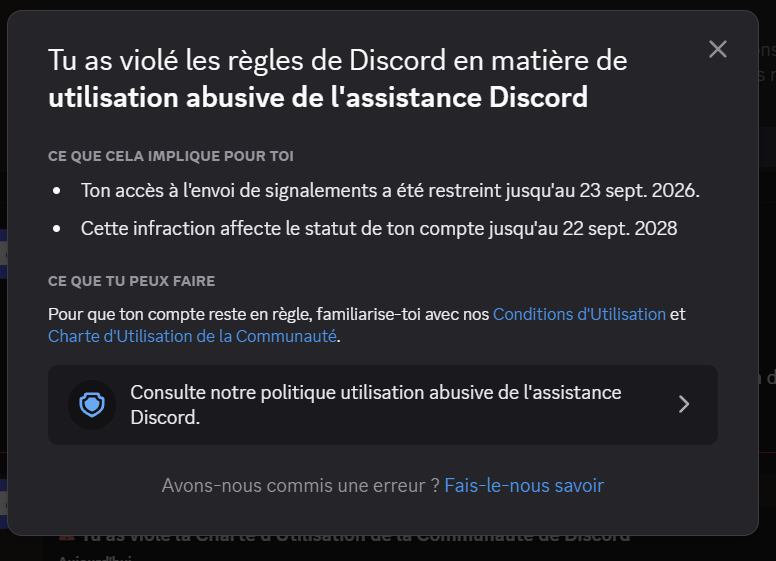 loopblank's tweet photo. @discord en quoi j'abuse ?

j'ai signaler ce message et je prend un avertissement et j'ai signaler d'autres messgaes de sa part. Donc sur discord on se fais insulter, ça envoie des singeries , je signale et je me bouffe la sanction. https://t.co/44cb4CPrww