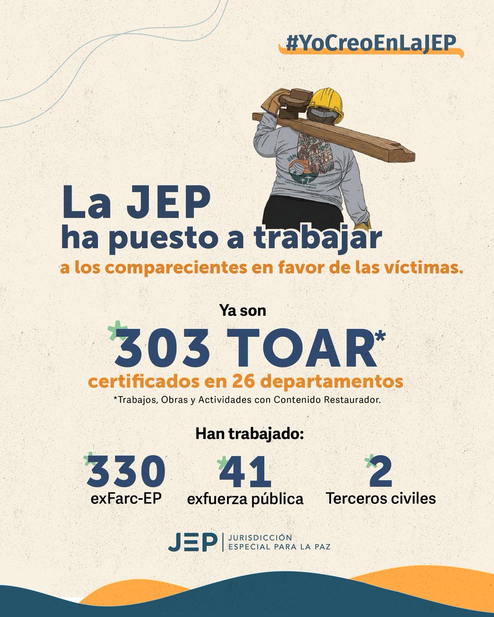 JEP_Colombia's tweet photo. #YoCreoEnLaJEP porque la pena va más allá del castigo. También repara el daño causado. A través de los TOAR, 373 comparecientes están construyendo y reparando en los territorios más afectados por la guerra. Pasar de las armas a la restauración. https://t.co/3O5PXK7Uoz