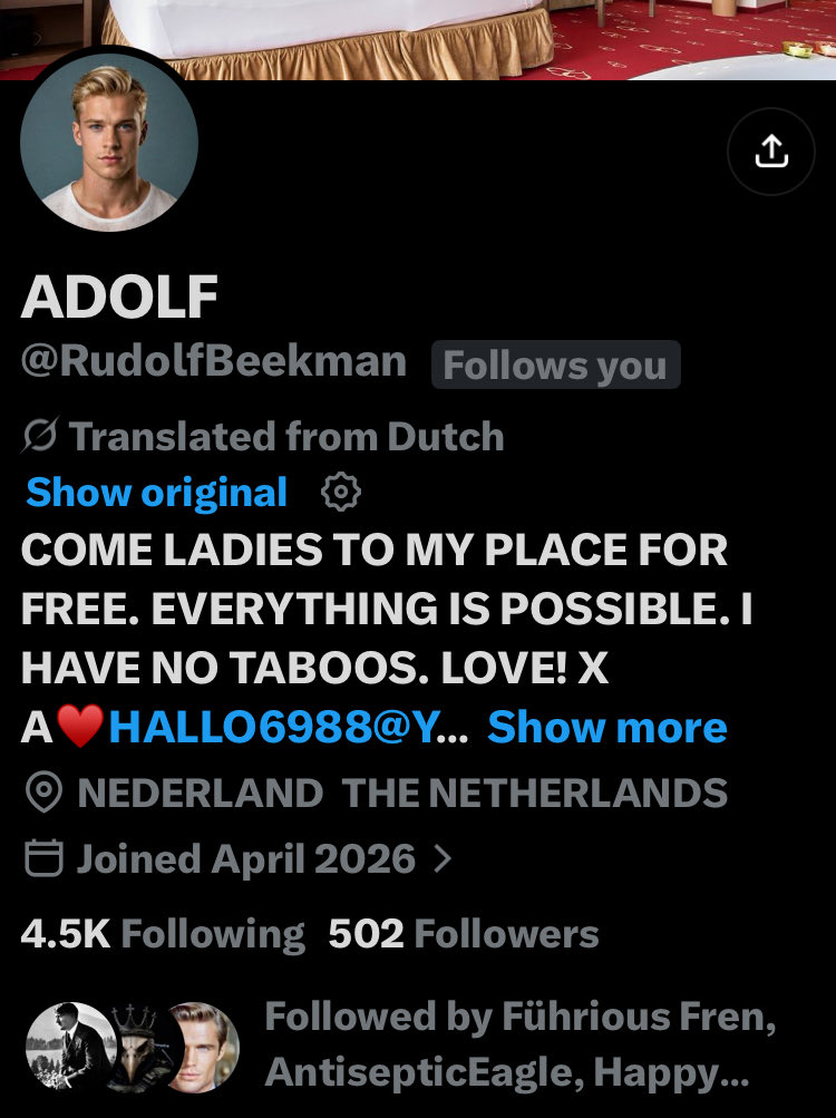 HolySpiritDef's tweet photo. 🚨Degenerate🚨

WTF Is Wrong With All My Frens Following This Perv Account?

Seriously This Slipped By This Many Of You?

No NS Should Be Following Degenerates Like This.

@ RudolfBeekman https://t.co/7GoIPG9HmF
