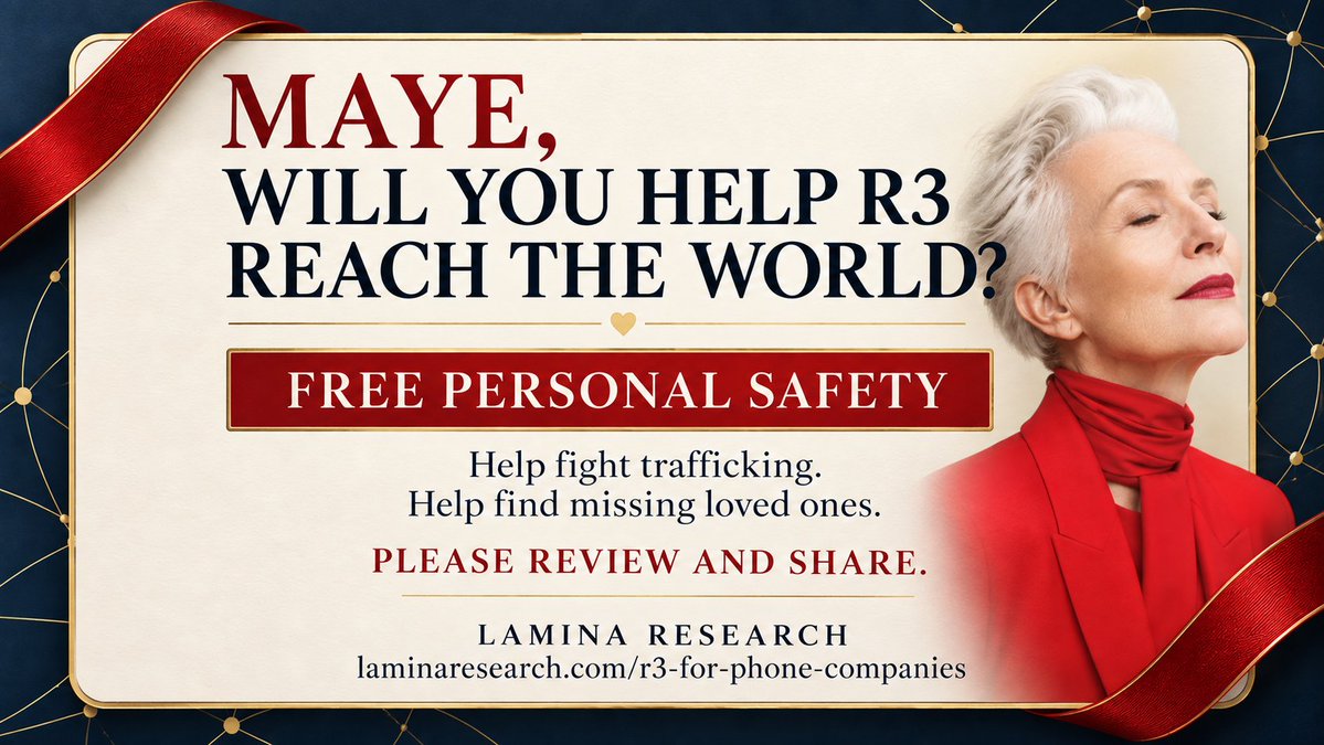 _JohnnyWarrent's tweet photo. @mayemusk @harperbooks @HQstories Maye Musk: You have spent a lifetime encouraging strength and reinvention. Would you please review and share R3—a proposed free phone-safety system intended to save lives? https://t.co/sdsM2Fwenj https://t.co/Ep9f53Vh16