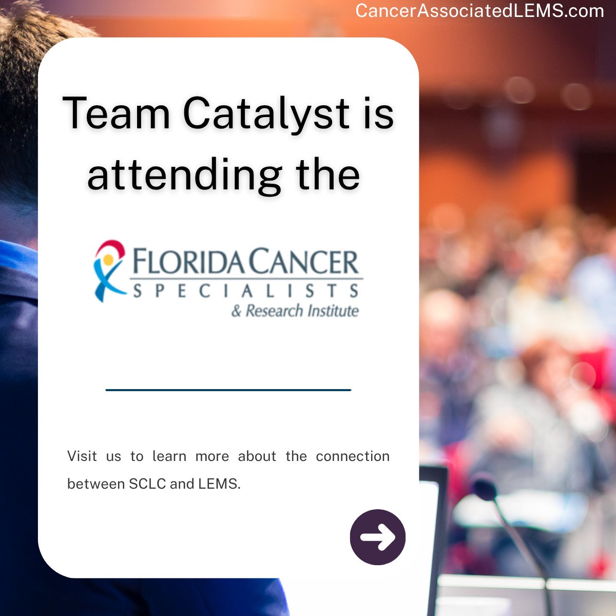 CatalystForRare's tweet photo. Attending the Florida Cancer Specialists (FCS)'s Clinical Summit in Orlando? We'd love to connect. 

This event brings together physicians, advanced practice providers, researchers, and healthcare leaders for clinical education, collaboration, and discussions focused on advancing patient care. Visit us to learn more about Lambert-Eaton myasthenic syndrome (LEMS) and its association with small cell lung cancer (SCLC): https://t.co/ZyukV7dVlt. 

#oncology #cancer #SCLC #LEMS