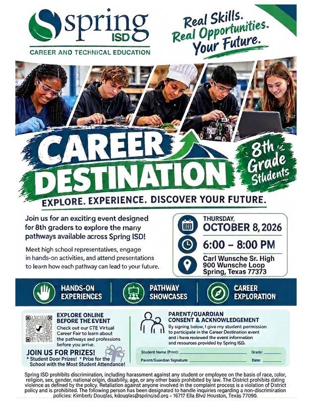 SpringISD_CTE's tweet photo. 🚀 8th Graders—Your Future Starts Here!

Join us for Career Destination 2026 and explore the exciting CTE pathways available across Spring ISD!

🛠️ Hands-on experiences
🎯 Pathway showcases
🧭 Career exploration
🎁 Prizes &amp; more!

📅 Oct. 8 | ⏰ 6–8 PM
📍 Carl Wunsche Sr. HS https://t.co/807U8UyhpV