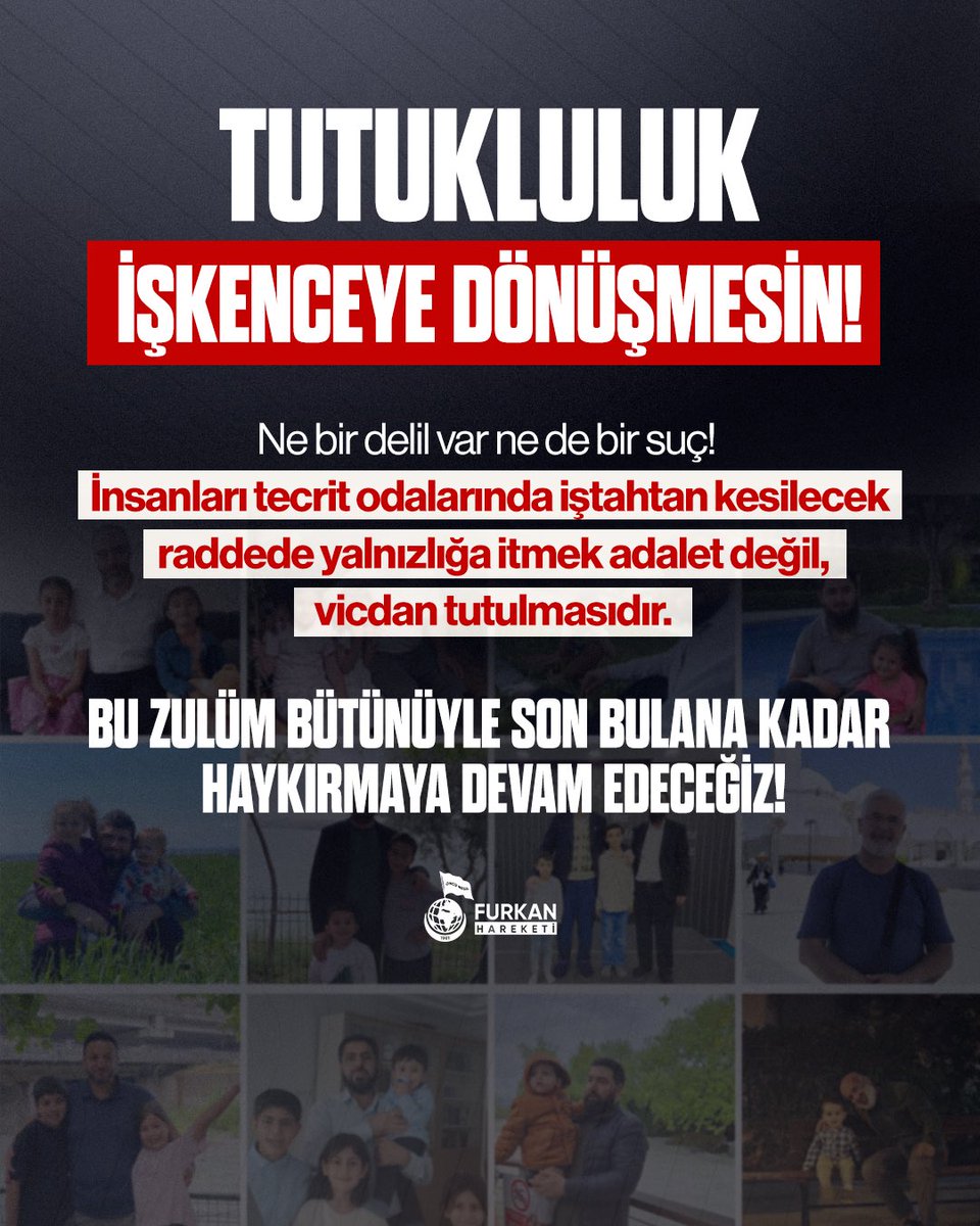 furkanhareketiT's tweet photo. Ne bir delil var ne de bir suç!

İnsanları tecrit odalarında iştahtan kesilecek raddede yalnızlığa itmek adalet degil, vicdan tutulmasıdır.

BU ZULÜM BÜTÜNÜYLE SON BULANA KADAR HAYKIRMAYA DEVAM EDECEĞİZ!

#YargıEliyleZulüm
MahpusAilelerine Zulüm
AkpDönemi ZulümDönemi

https://t.co/5txszw4B5Y