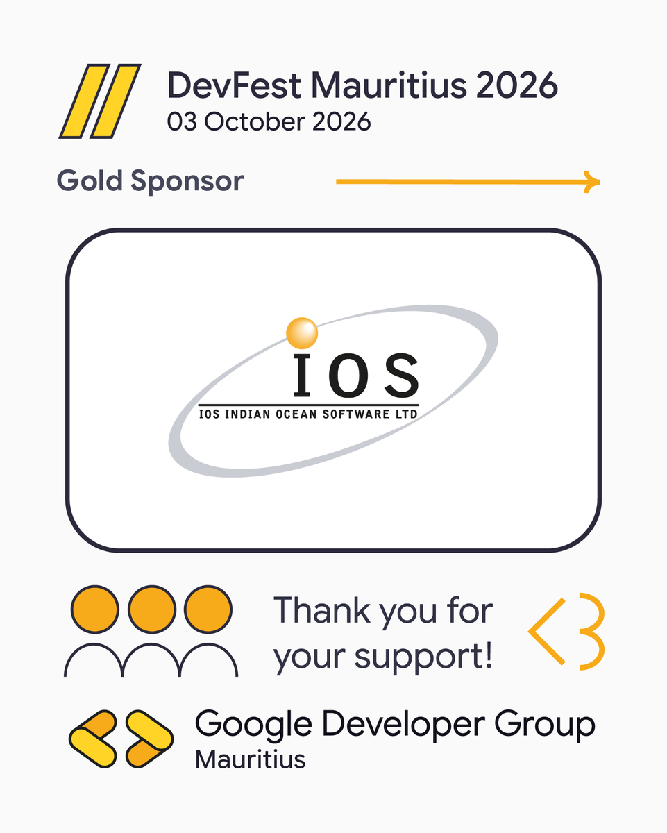 MSCraftsman's tweet photo. A big shoutout to Indian Ocean Software Ltd. (IOS) for joining DevFest Mauritius 2026 as our Gold Sponsor!
๐
03 October 2026
๐ ALCHE, Mauritius
๐๏ธ Reserve your ticket: https://t.co/Jpr32SfHpi
#DevFestMauritius #GDGMauritius https://t.co/5wvH24RZDf