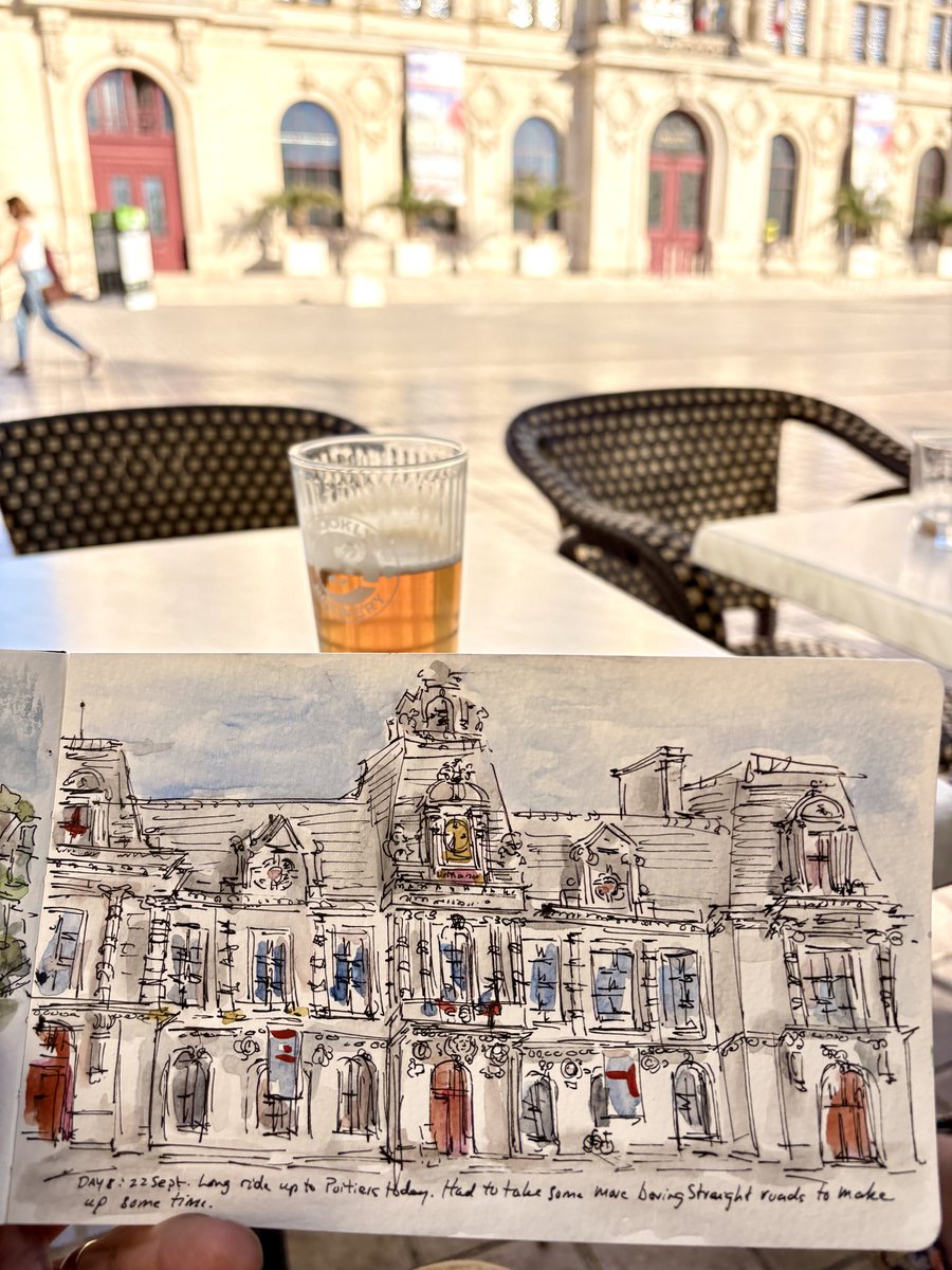 RJNissanArt's tweet photo. Day 8 of our motorcycle tour of France. We started homeward.  A long ride earned me a beer and quick sketch.  

#poitiers #france #artjournal #art #sketch https://t.co/HUeJM8NqL1