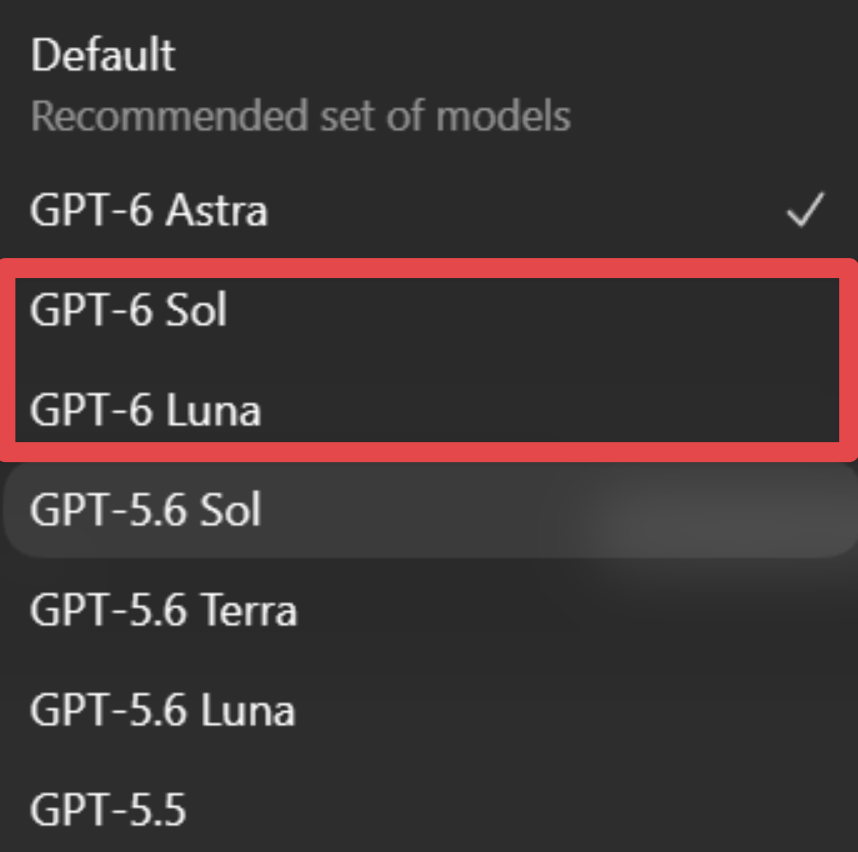 bridgemindai's tweet photo. GPT 6 Sol and GPT 6 Luna JUST DROPPED in Codex!!

We are so so back. https://t.co/rFAwj0cUir