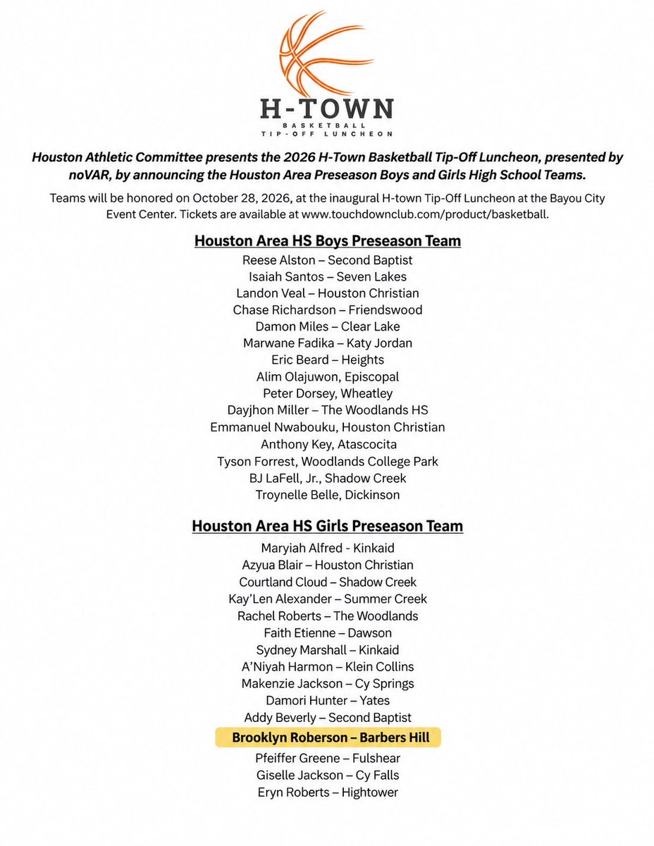 BrooklynnR_2027's tweet photo. Excited and honored to be named to the 1st ever inaugural 2026 Houston H-Town Preseason Girls Basketball Team🏀

Thank you for the recognition🙏🏼! Grateful for the opportunity and ready for the season ahead! 

@bhladybball @coach_d_lopez @EllRoberson @BH_Athletics 

#bhisd #htownbball #preseasonhonors