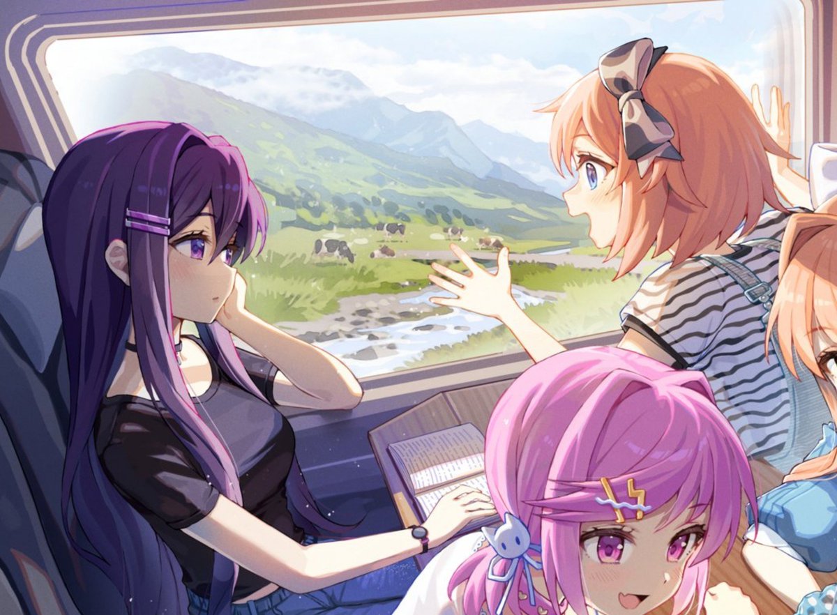 sayoyuribot's tweet photo. Oh my god, dude, is this real. Sayuri interaction, looking over the pasture of cows together... It's like it's MY birthday too. Happy birthday, Monika. Thank you for being gay as fuck with Natsuki too https://t.co/kLRpp9hjvh