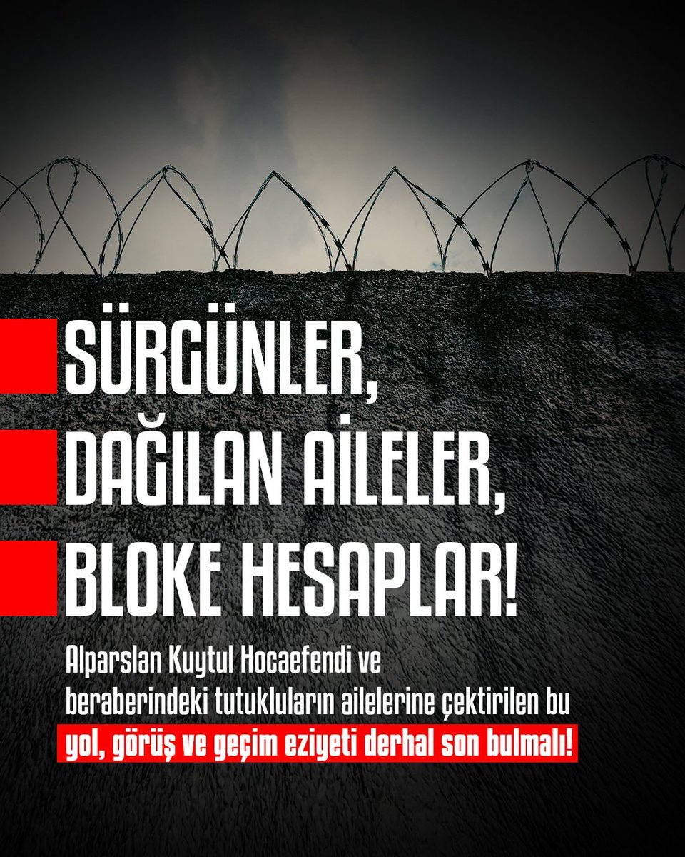 Heybet577589's tweet photo. Sürgünler, Dağılan Aileler, Bloke Hesaplar! 

Alparslan Kuytul Hocaefendi ve beraberindeki tutukluların ailelerine çektirilen bu yol, görüş ve geçim eziyeti derhal son bulmalı!

#YargıEliyleZulüm
MahpusAilelerine Zulüm
AkpDönemi ZulümDönemi https://t.co/lc4XoL42XD