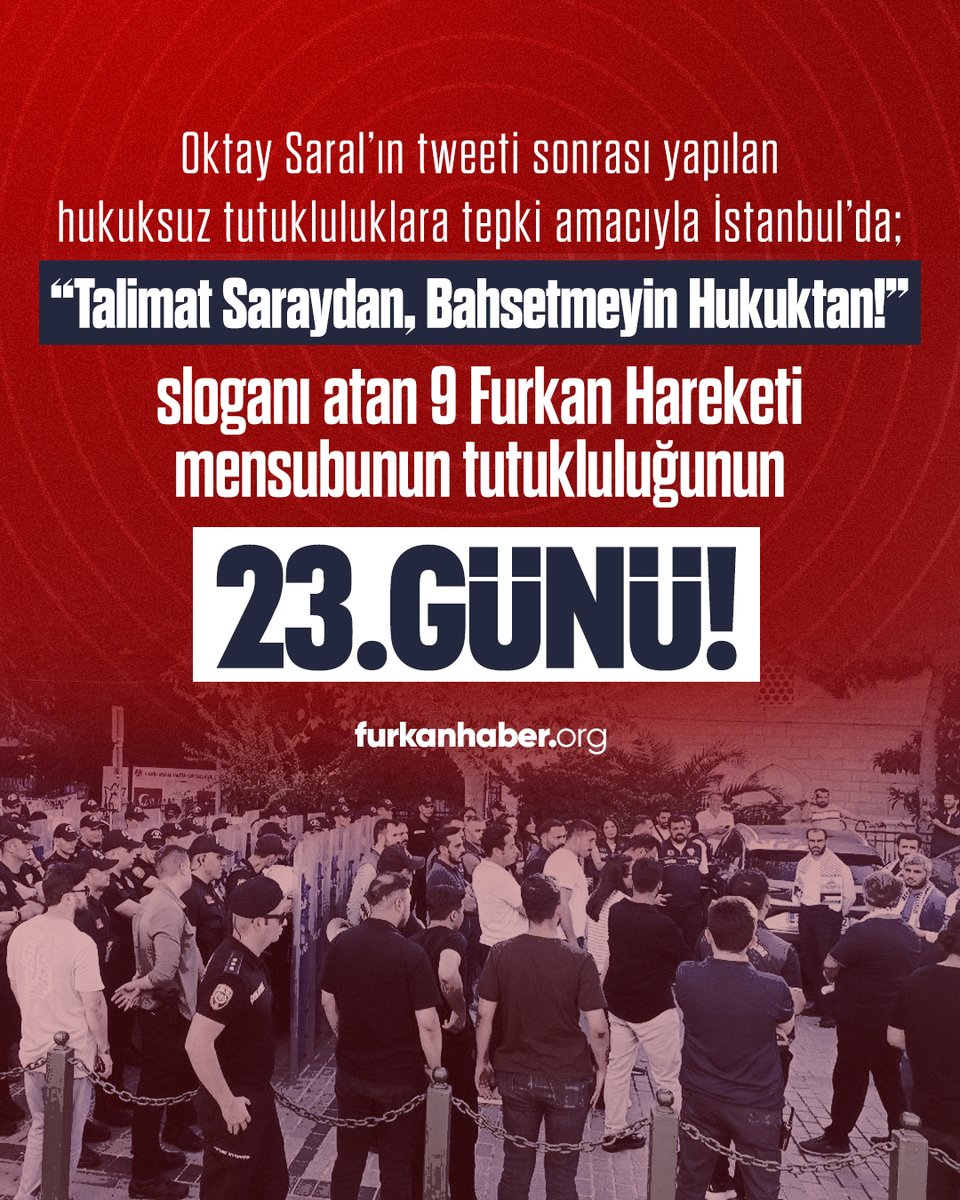 FH_Susmaz's tweet photo. Hukuk Garabeti Sürüyor❗️

Oktay Saral’ın tweeti sonrası yapılan hukuksuz tutukluluklara tepki amacıyla İstanbul’da; “Talimat Saray’dan, Bahsetmeyin Hukuktan!” sloganı atan 9 Furkan Hareketi mensubunun tutukluluğunun 23. günü!

#YargıEliyleZulüm
MahpusAilelerine Zulüm
AkpDönemi ZulümDönemi