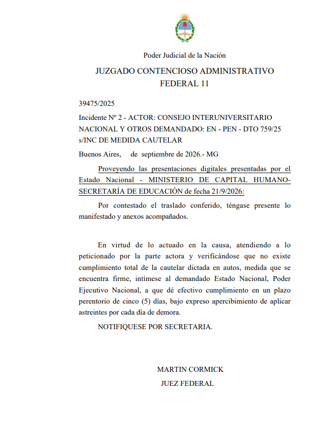 eldestapeweb's tweet photo. 🚨Alerta: intiman al Gobierno de Milei a cumplir con la Ley de Financiamiento Universitario. 

❗️Le dan cinco días para aplicar la normativa.