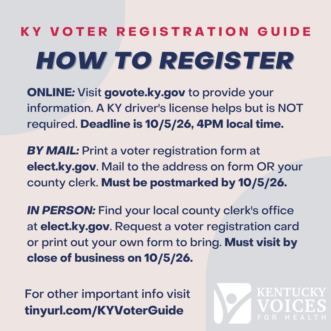kyvoices4health's tweet photo. Kentucky's 2026 General Election is November 3rd, and our KY Voter Guide is live! Get a clear, nonpartisan rundown of what’s on the ballot, key dates, and how to get ready to vote. Check your info, make your plan, and share the guide with your community: https://t.co/f2Jh5rohvX. https://t.co/ACPkedJYew