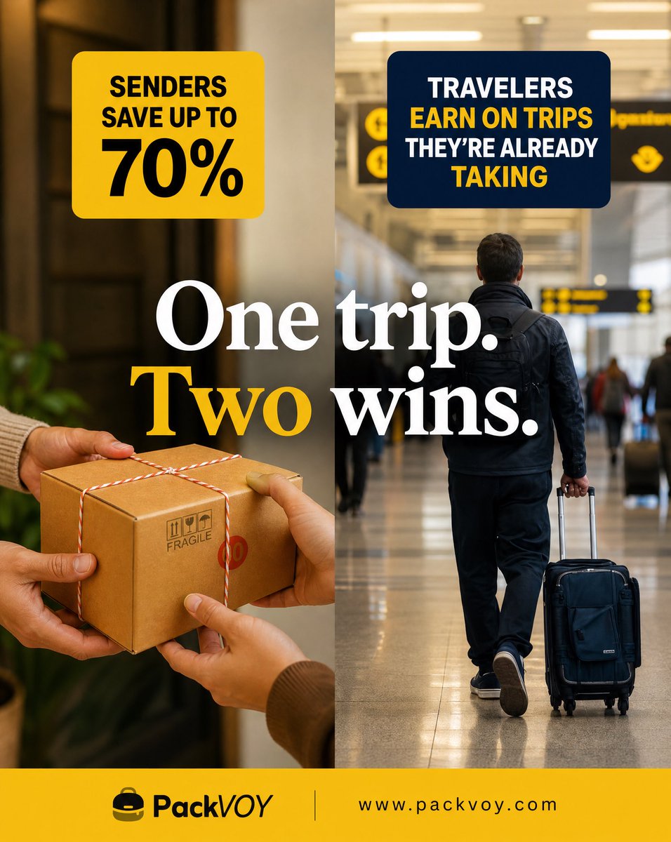 Packvoy's tweet photo. One trip. Two wins. Save up to 70% on shipping to and fro Nigeria, the USA or UK
OR
Earn on trips you're already taking. https://t.co/Huf4gvo4cz