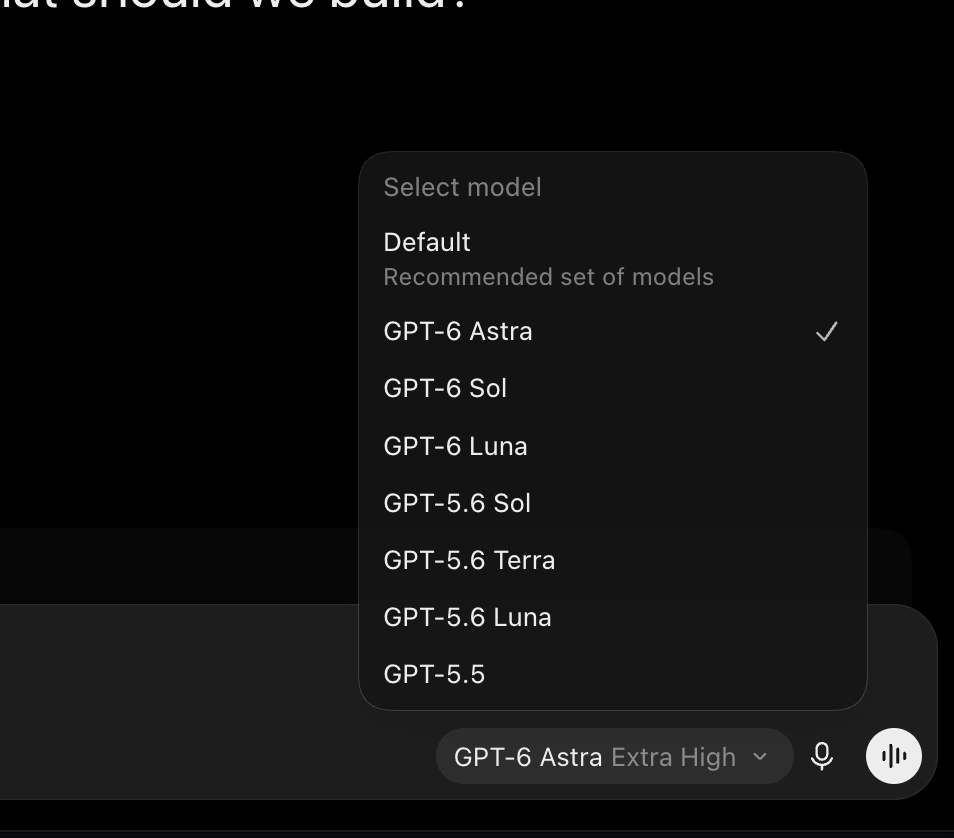 aitrackerbot's tweet photo. GPT-6 Sol and GPT-6 Luna are now showing in Codex’s model picker!

We also confirmed both in the current Codex model catalog.

Credit to @KovD3v for the heads-up. https://t.co/XAF31DYqhv