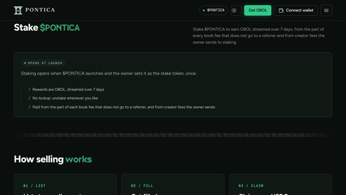 TryPontica's tweet photo. Looking for $PONTICA staking? It sits on the Sell page, right under the book.

It opens once the owner sets $PONTICA as the stake token. Then you stake to earn OBOL streamed over 7 days, from the part of every book fee that does not go to a referrer and from creator fees the owner sends to staking.

https://t.co/BN2NEIFiMA