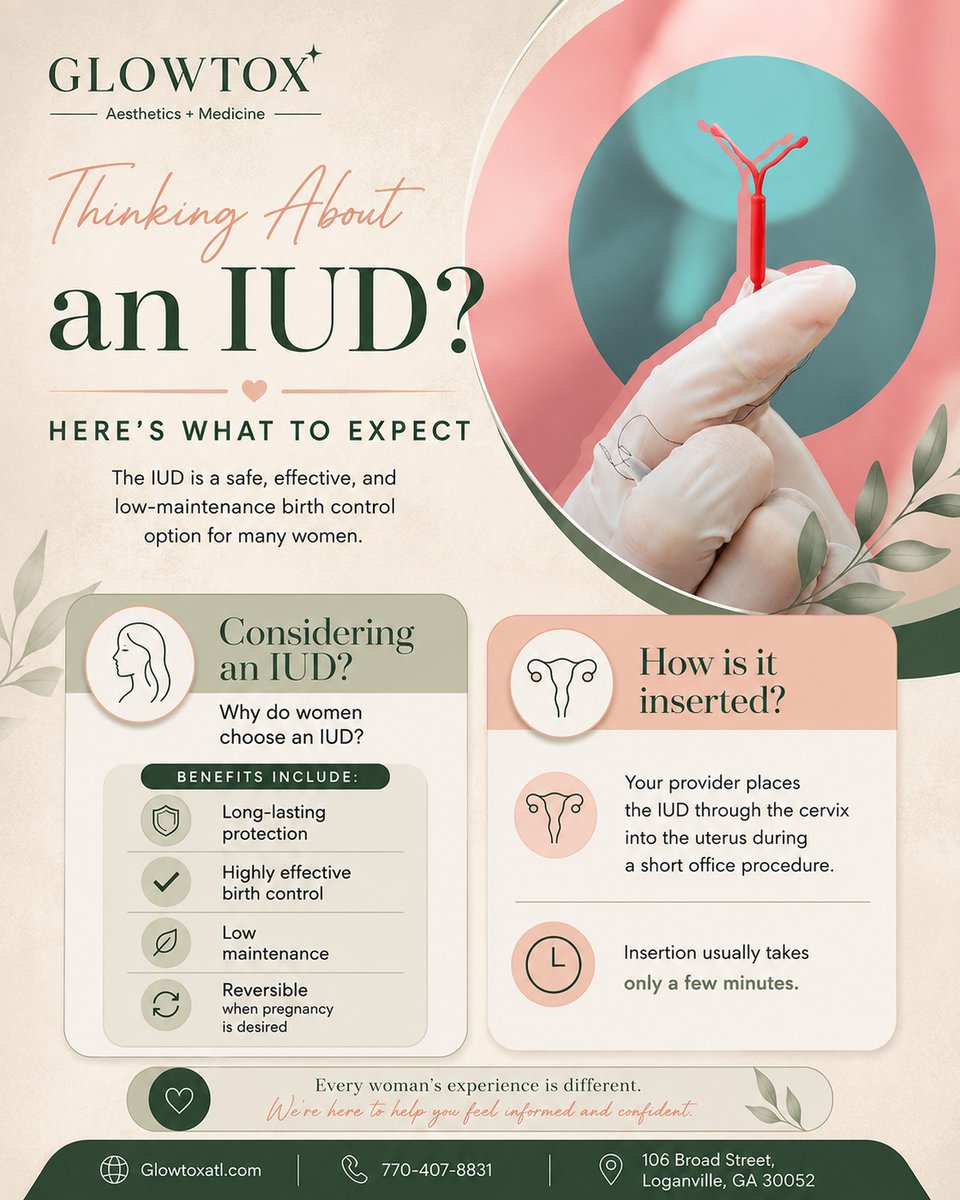 TanekaMyrelc's tweet photo. Considering an IUD? It’s a safe, highly effective, low-maintenance form of long-term contraception. At GlowTox, we can answer your questions, discuss your options, and help you choose the right method. Call 770-407-8831 to schedule a consultation. https://t.co/iU0uvqBpU2