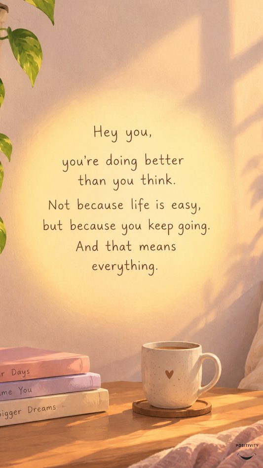 PositivitySaid's tweet photo. You're doing better than you think, and that's not nothing.

Life isn't easy, and it doesn't have to be for your effort to count. You've kept showing up, kept trying, kept choosing to move forward. That kind of persistence means everything, even on the days it doesn't feel like it.