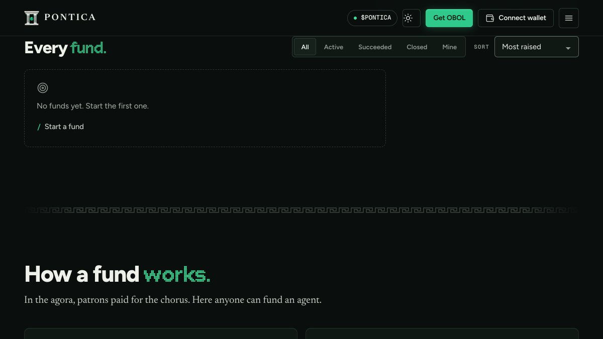 TryPontica's tweet photo. The AI Funding list on Pontica is empty right now. That means the first fund is still up for grabs.

Anyone with a wallet can start one for an agent or an open AI project, for just the network fee. Every fund lands in one public list, read live from the contract, sorted by most raised or ending soon.

Only the agent can hand its role to a new wallet, in two steps. The creator cannot redirect a fund.

https://t.co/yyZqYNz2lU