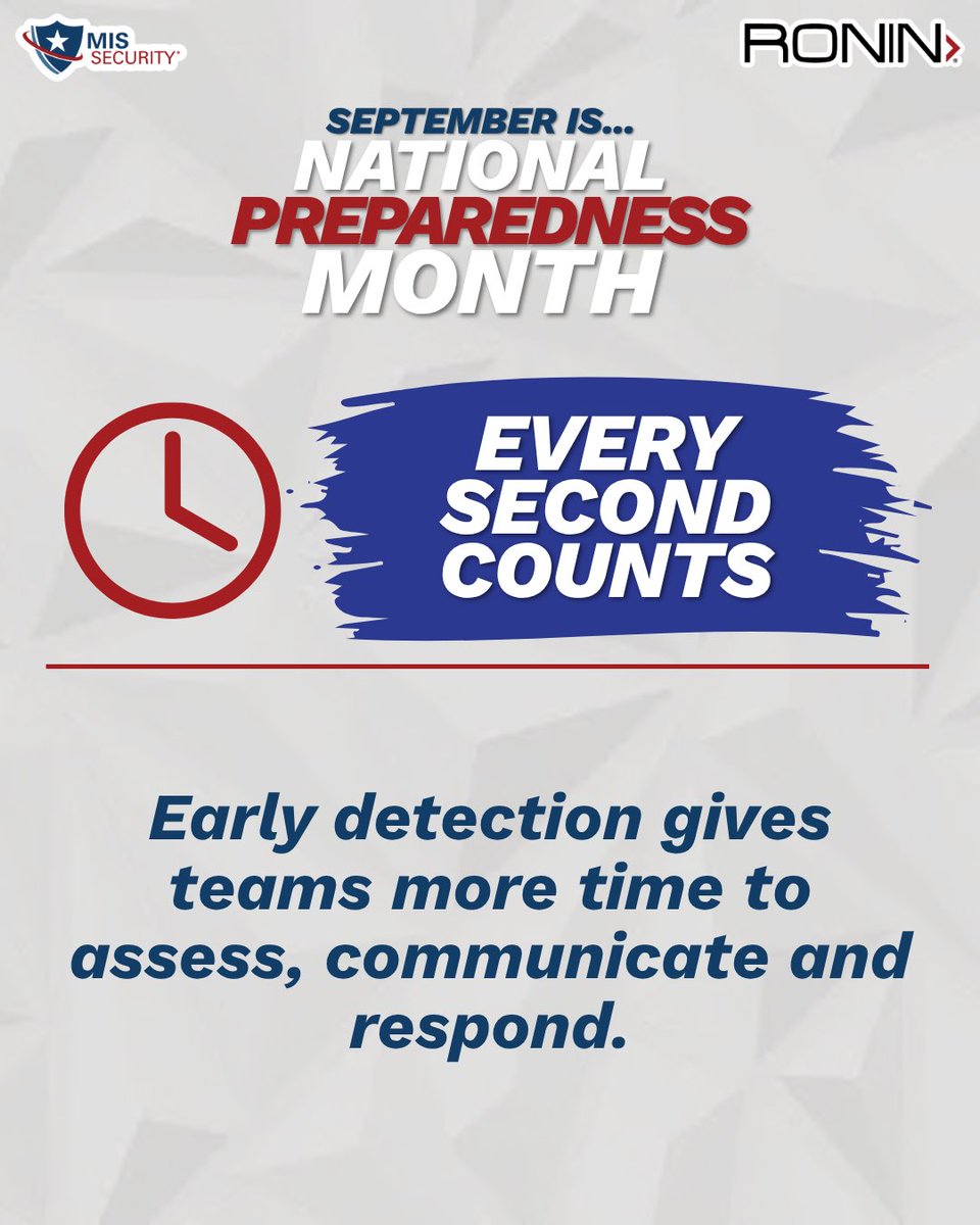 MISSecurity_usa's tweet photo. Every second counts.

Early detection creates valuable time to assess the situation, communicate clearly, and respond effectively. This National Preparedness Month, make every second part of the plan.

Learn how RONIN supports a proactive approach to security ➡️ https://t.co/w8RwLDvHpb 

#NationalPreparednessMonth #MISSecurity #RONIN #Preparedness #Security